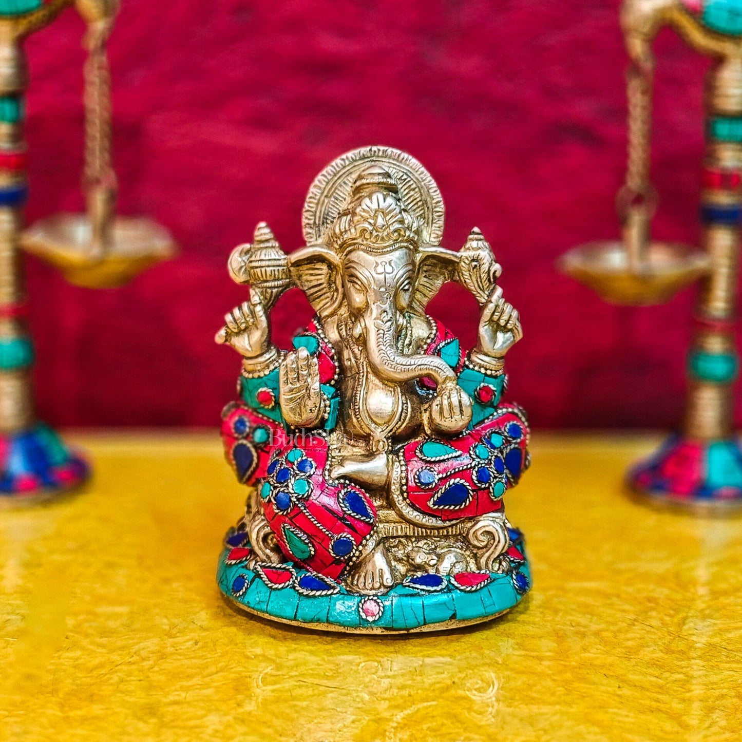 Brass Handcrafted Ganesha Idol Seated on Chair with Natural Stones 5" - Budhshiv.com