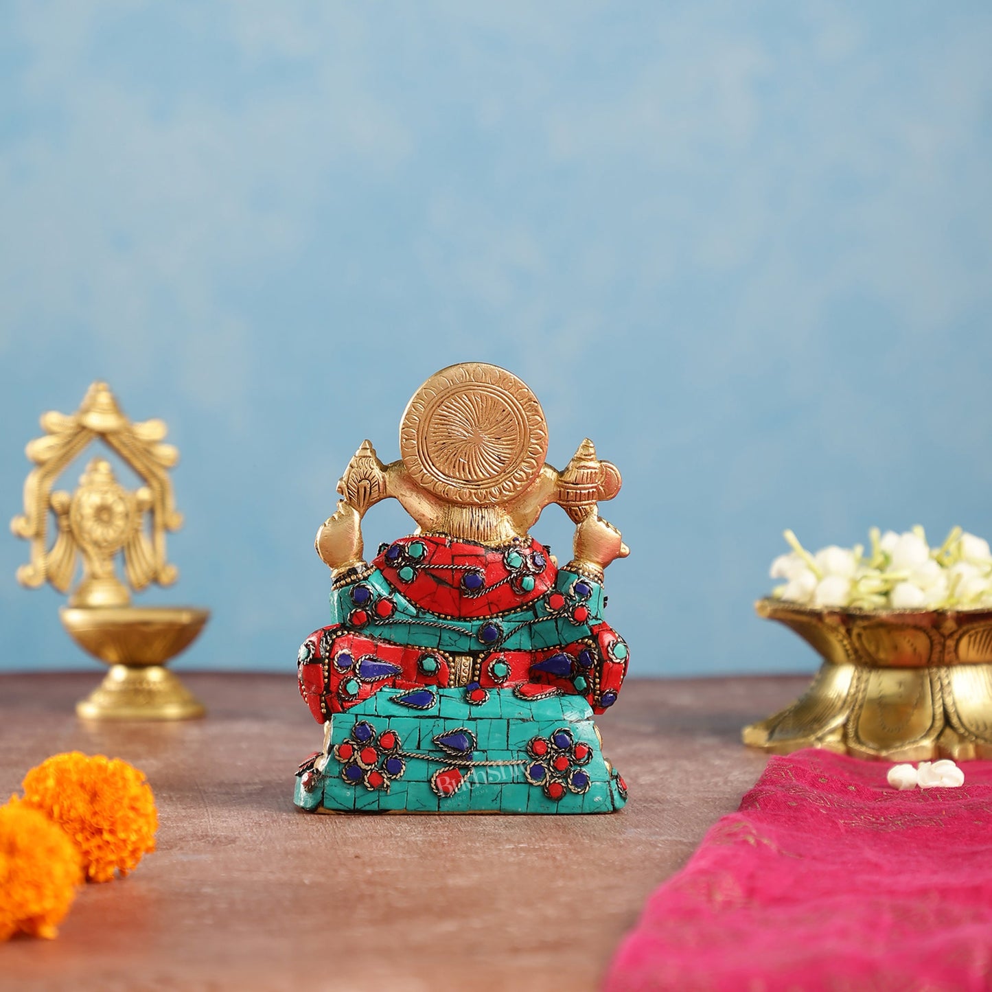 Brass Handcrafted Ganesha Idol Seated on Chair with Natural Stones 5" - Budhshiv.com