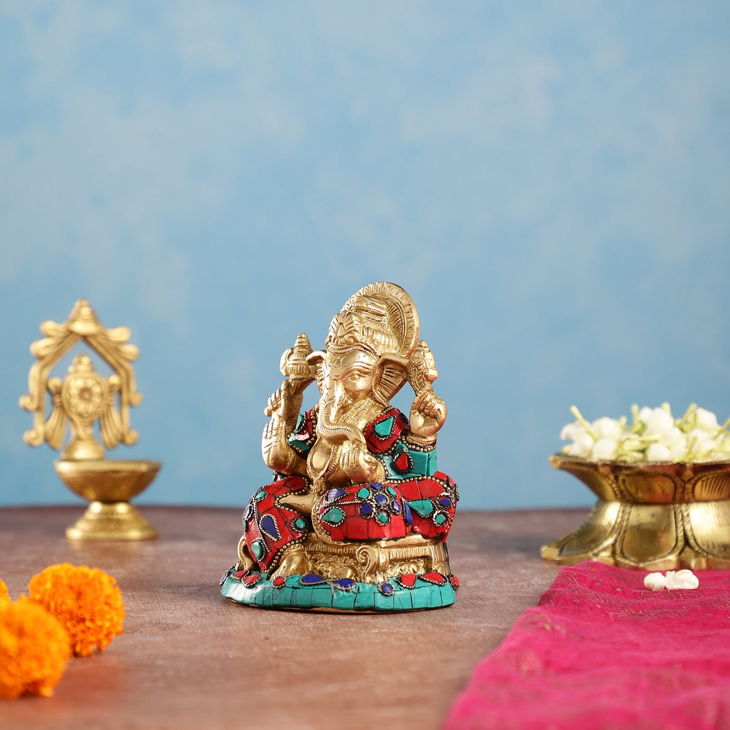 Brass Handcrafted Ganesha Idol Seated on Chair with Natural Stones 5" - Budhshiv.com