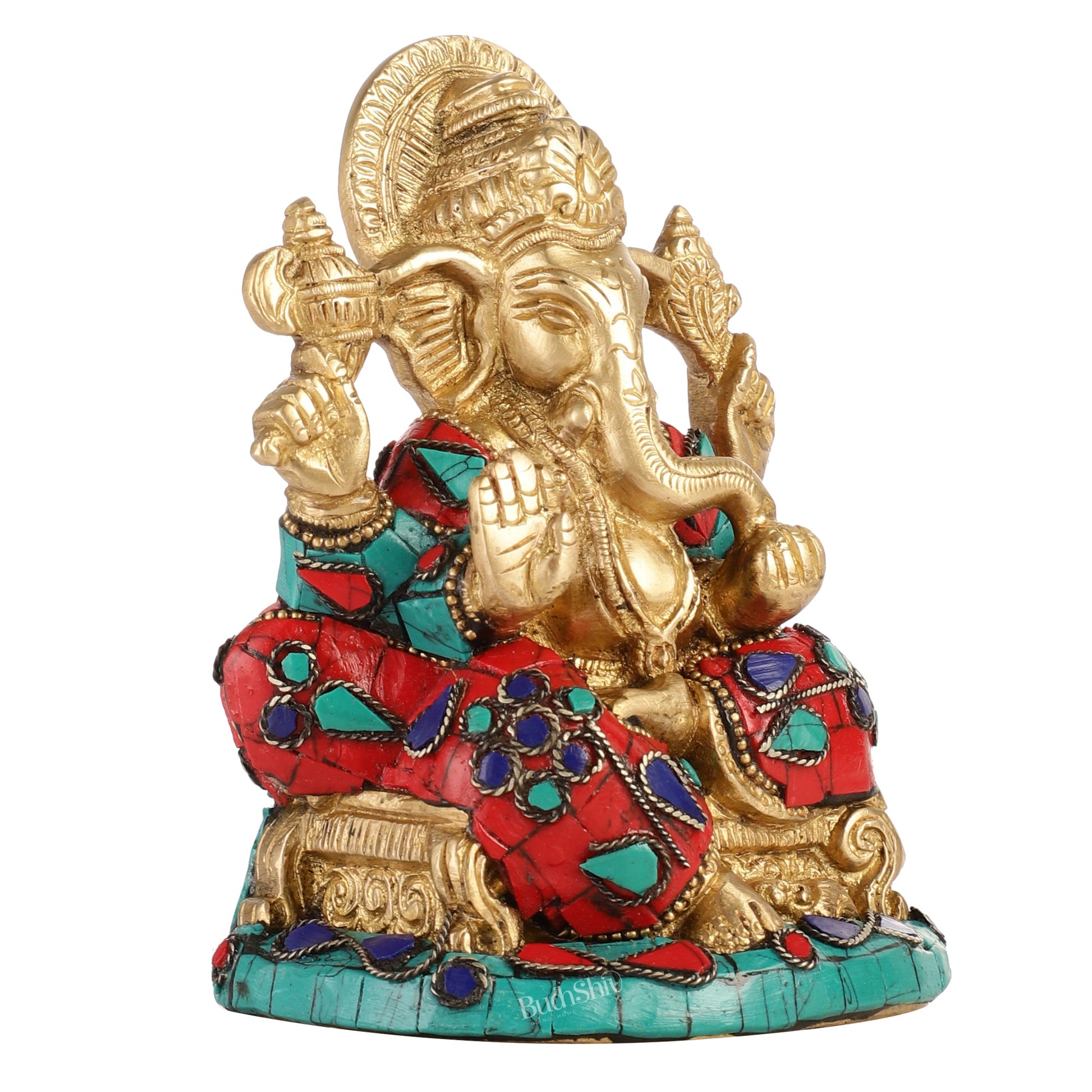 Brass Handcrafted Ganesha Idol Seated on Chair with Natural Stones 5" - Budhshiv.com