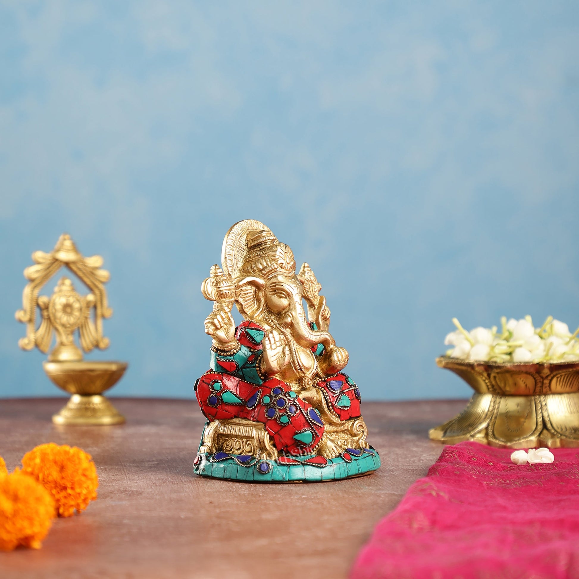 Brass Handcrafted Ganesha Idol Seated on Chair with Natural Stones 5" - Budhshiv.com