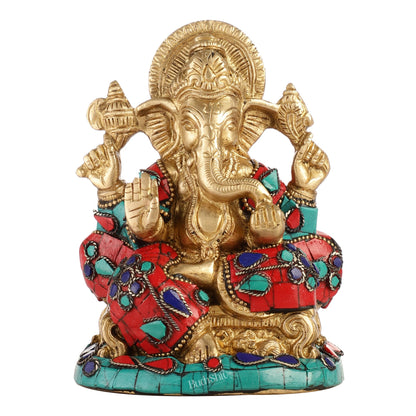 Brass Handcrafted Ganesha Idol Seated on Chair with Natural Stones 5" - Budhshiv.com