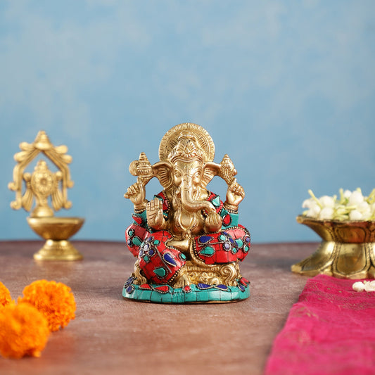 Brass Handcrafted Ganesha Idol Seated on Chair with Natural Stones 5" - Budhshiv.com