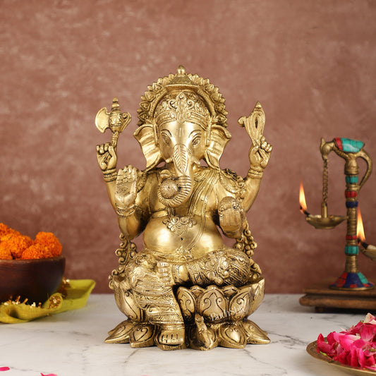 Brass Handcrafted Ganesha idol with trunk on right side 12 inch - Budhshiv.com