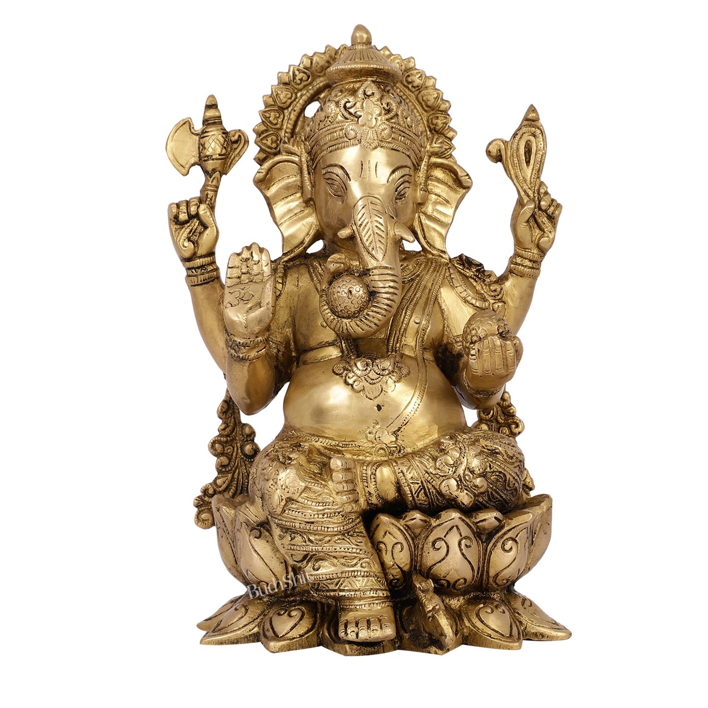 Brass Handcrafted Ganesha idol with trunk on right side 12 inch - Budhshiv.com