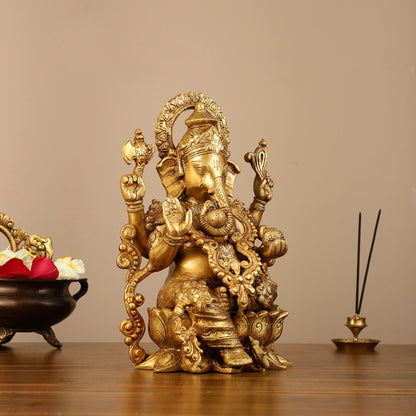 Brass Handcrafted Ganesha idol with trunk on right side 12 inch - Budhshiv.com