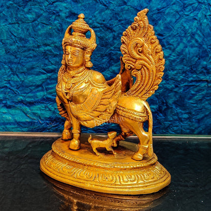 Brass Handcrafted Kamdhenu Cow with Calf Idol - Gold Finish, Divine Symbol of Abundance - Budhshiv.com