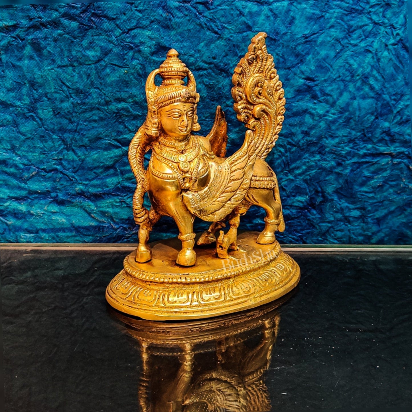 Brass Handcrafted Kamdhenu Cow with Calf Idol - Gold Finish, Divine Symbol of Abundance - Budhshiv.com