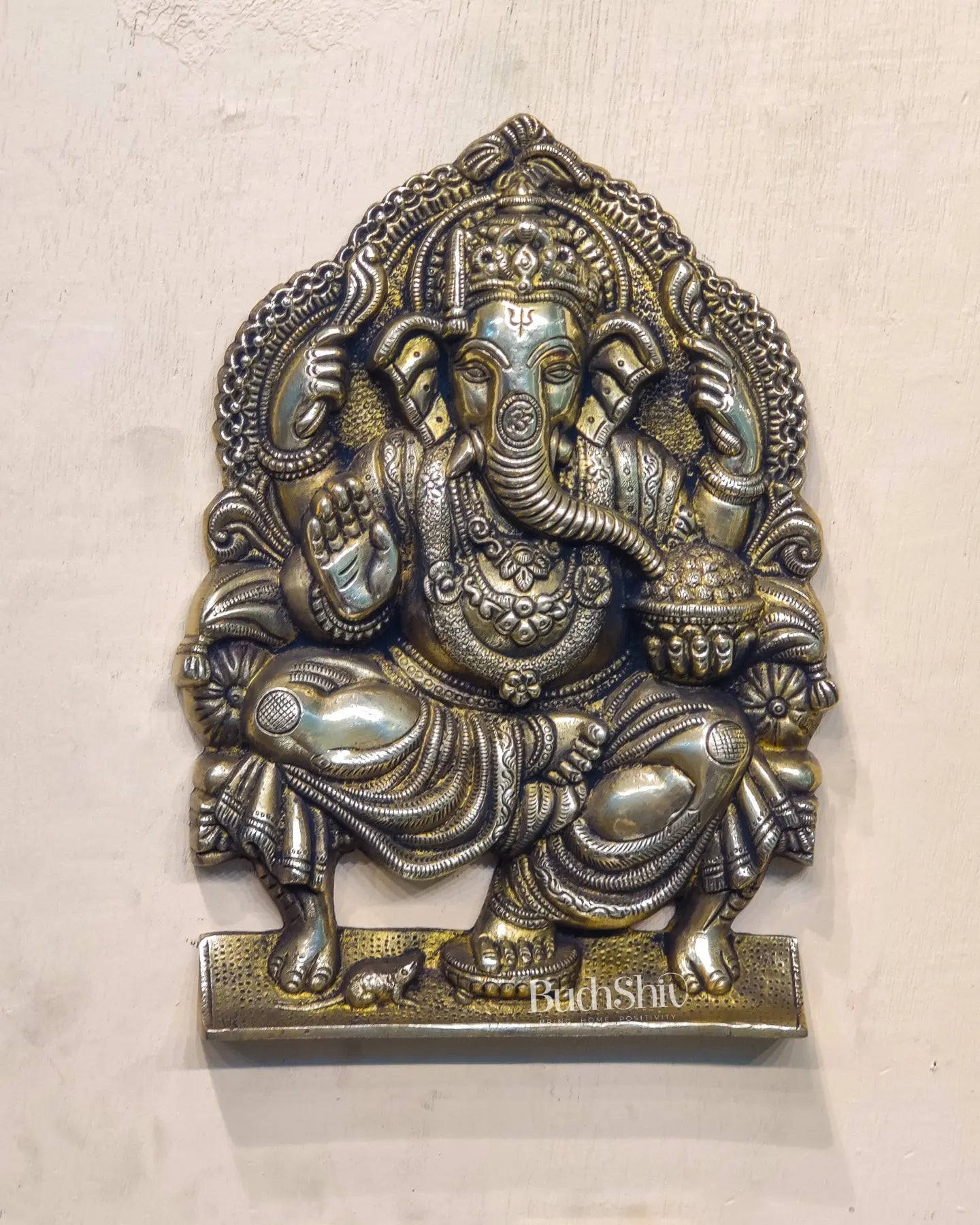 Brass Handcrafted King Ganesha Wall Hanging Statue | Antique Charcoal Finish | Height 11.5 inches - Budhshiv.com