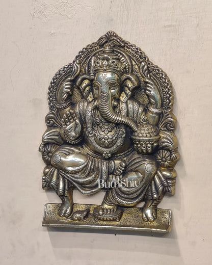 Brass Handcrafted King Ganesha Wall Hanging Statue | Antique Charcoal Finish | Height 11.5 inches - Budhshiv.com