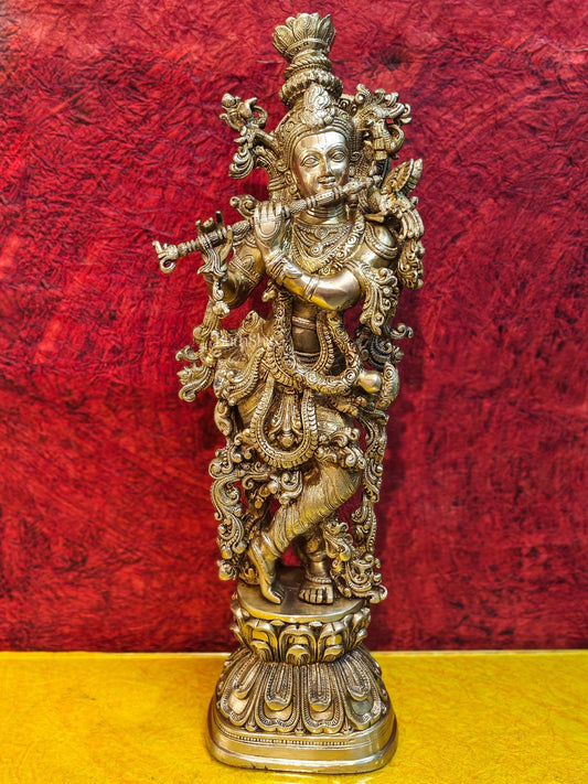 Brass Handcrafted Krishna Playing the Flute - Divine Melodic Splendor Glossy Gold 29" - Budhshiv.com