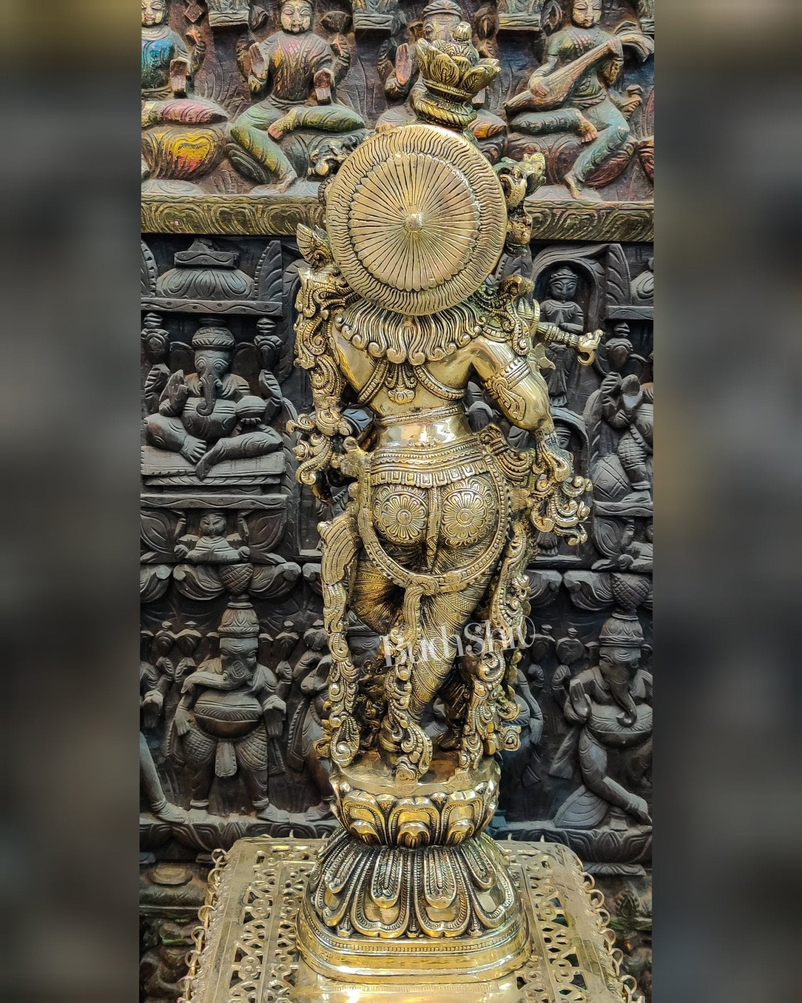 Brass Handcrafted Krishna Playing the Flute - Melodious Divine Expression 30 " - Budhshiv.com