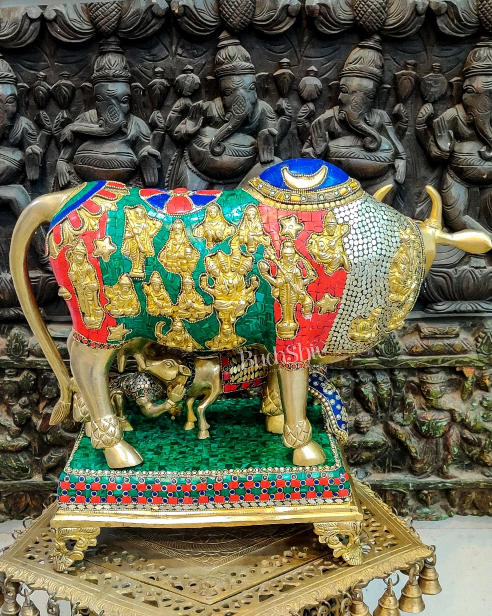 Brass Handcrafted Large-Sized Cow with Calf Engraved with Hindu Deities 20" - Budhshiv.com