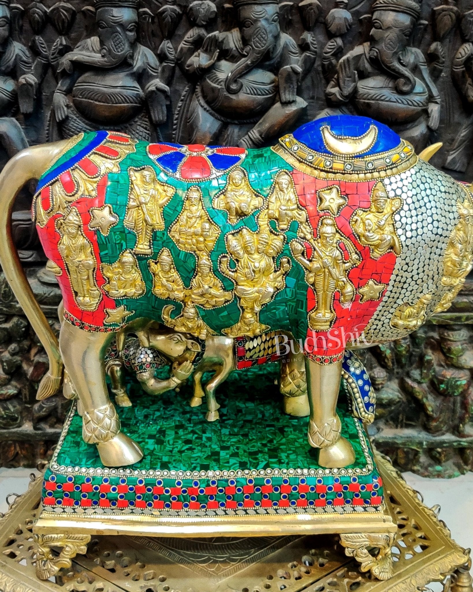 Brass Handcrafted Large-Sized Cow with Calf Engraved with Hindu Deities 20" - Budhshiv.com