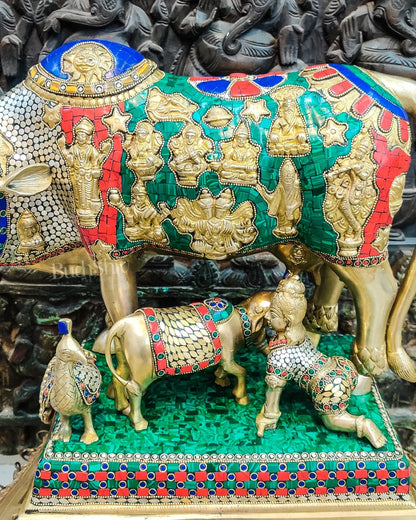 Brass Handcrafted Large-Sized Cow with Calf Engraved with Hindu Deities 20" - Budhshiv.com