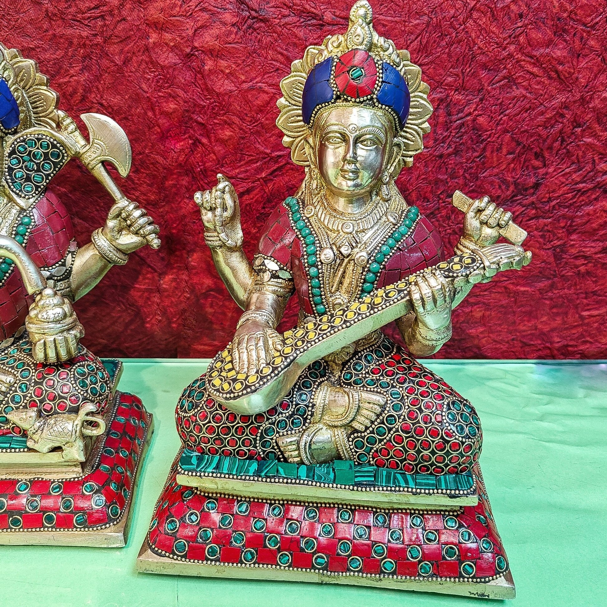 Brass Handcrafted Lord Ganesha, Goddess Lakshmi, and Saraswati idols - Set 10" - Budhshiv.com