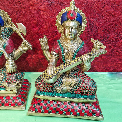 Brass Handcrafted Lord Ganesha, Goddess Lakshmi, and Saraswati idols - Set 10" - Budhshiv.com