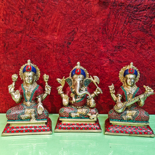 Brass Handcrafted Lord Ganesha, Goddess Lakshmi, and Saraswati idols - Set 10" - Budhshiv.com