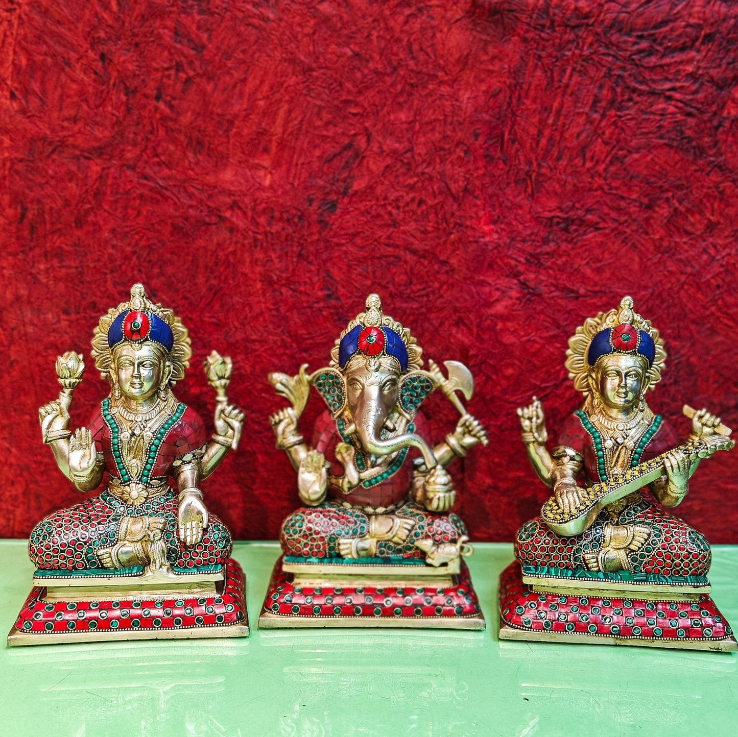 Brass Handcrafted Lord Ganesha, Goddess Lakshmi, and Saraswati idols - Set 10" - Budhshiv.com