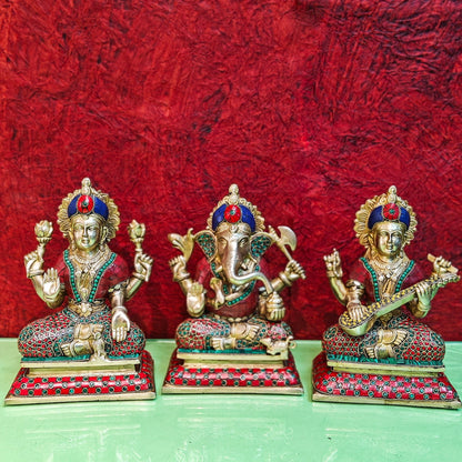 Brass Handcrafted Lord Ganesha, Goddess Lakshmi, and Saraswati idols - Set 10" - Budhshiv.com