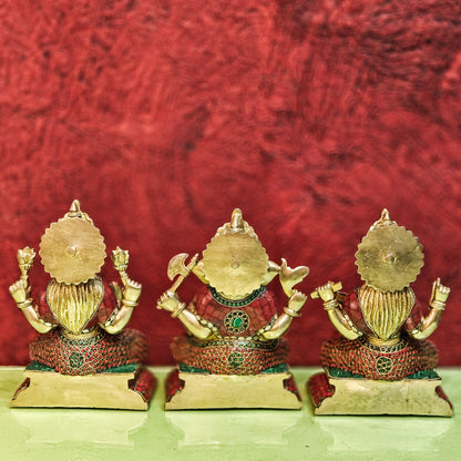 Brass Handcrafted Lord Ganesha, Goddess Lakshmi, and Saraswati idols - Set 10" - Budhshiv.com