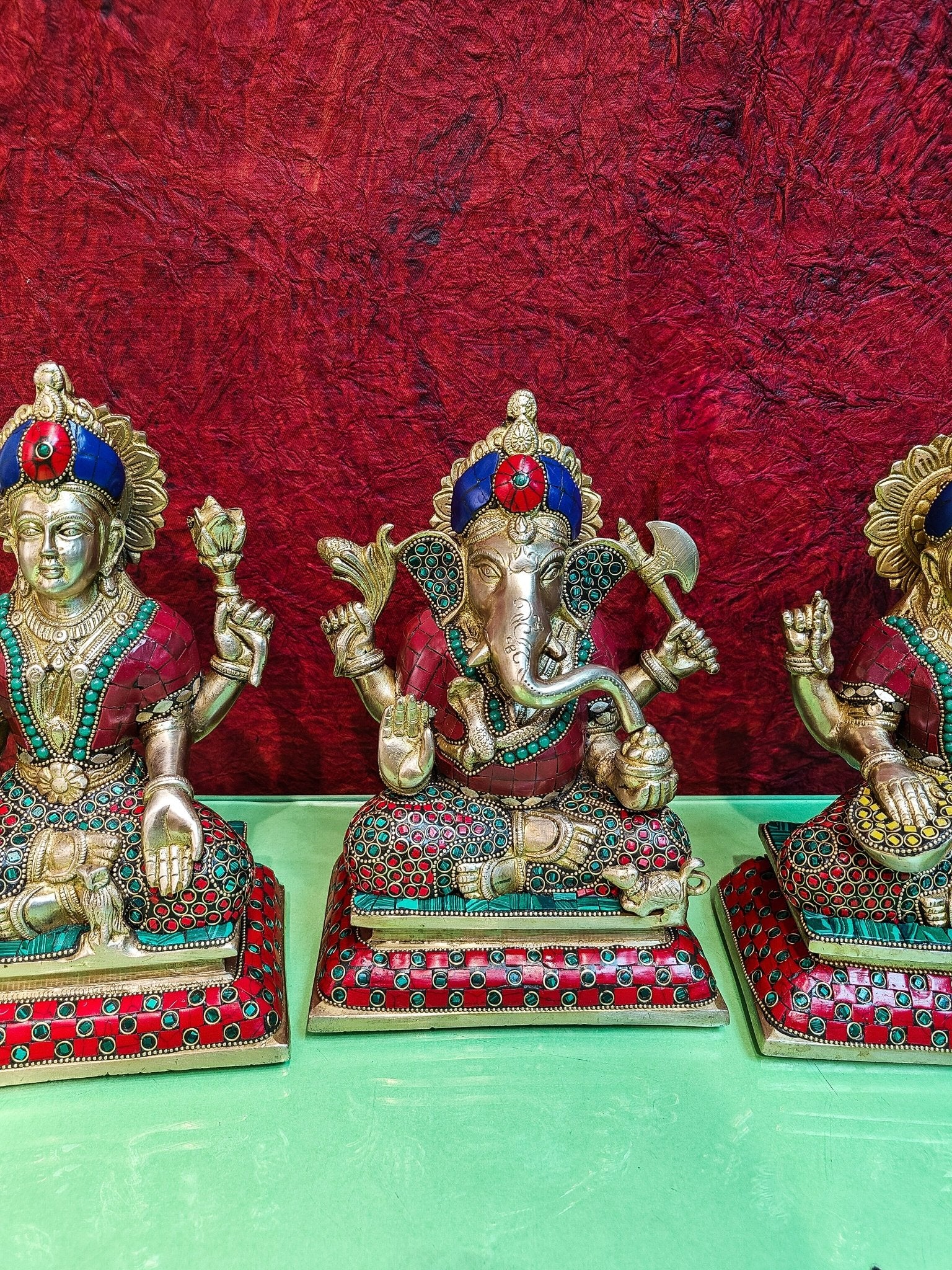 Brass Handcrafted Lord Ganesha, Goddess Lakshmi, and Saraswati idols - Set 10" - Budhshiv.com