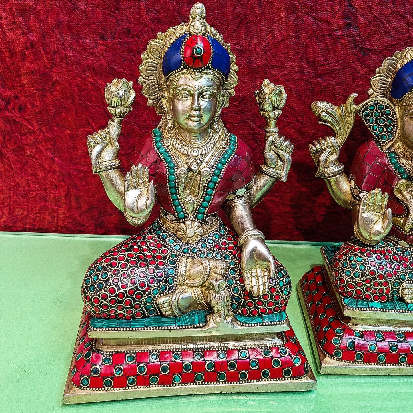 Brass Handcrafted Lord Ganesha, Goddess Lakshmi, and Saraswati idols - Set 10" - Budhshiv.com