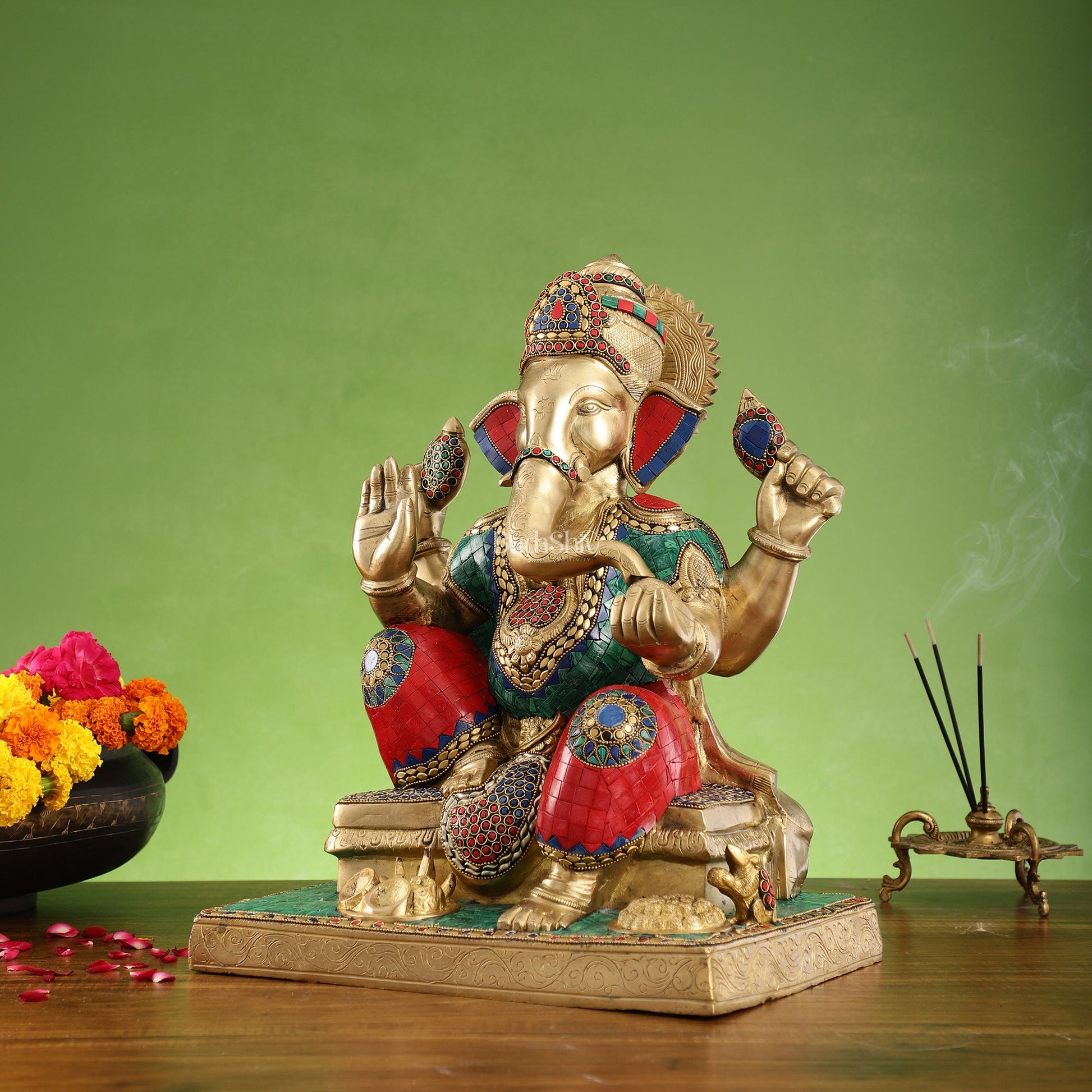 Brass Handcrafted Lord Ganesha Statue with Colorful Stonework - 16 inch - Budhshiv.com