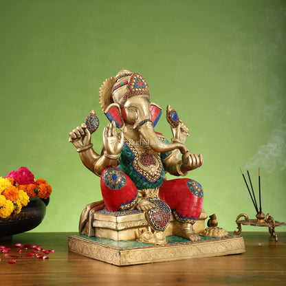 Brass Handcrafted Lord Ganesha Statue with Colorful Stonework - 16 inch - Budhshiv.com