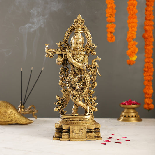 Brass Handcrafted Lord Krishna Idol - Unique Divine Sculpture | 15 inches - Budhshiv.com