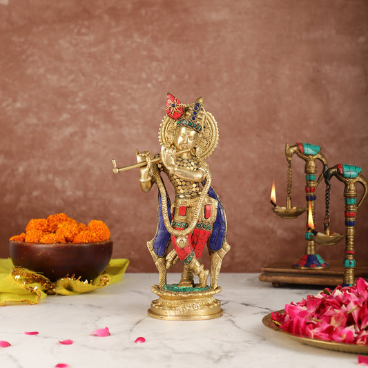 Brass Handcrafted Lord Krishna Idol with Stonework | Height 11 Inch - Budhshiv.com
