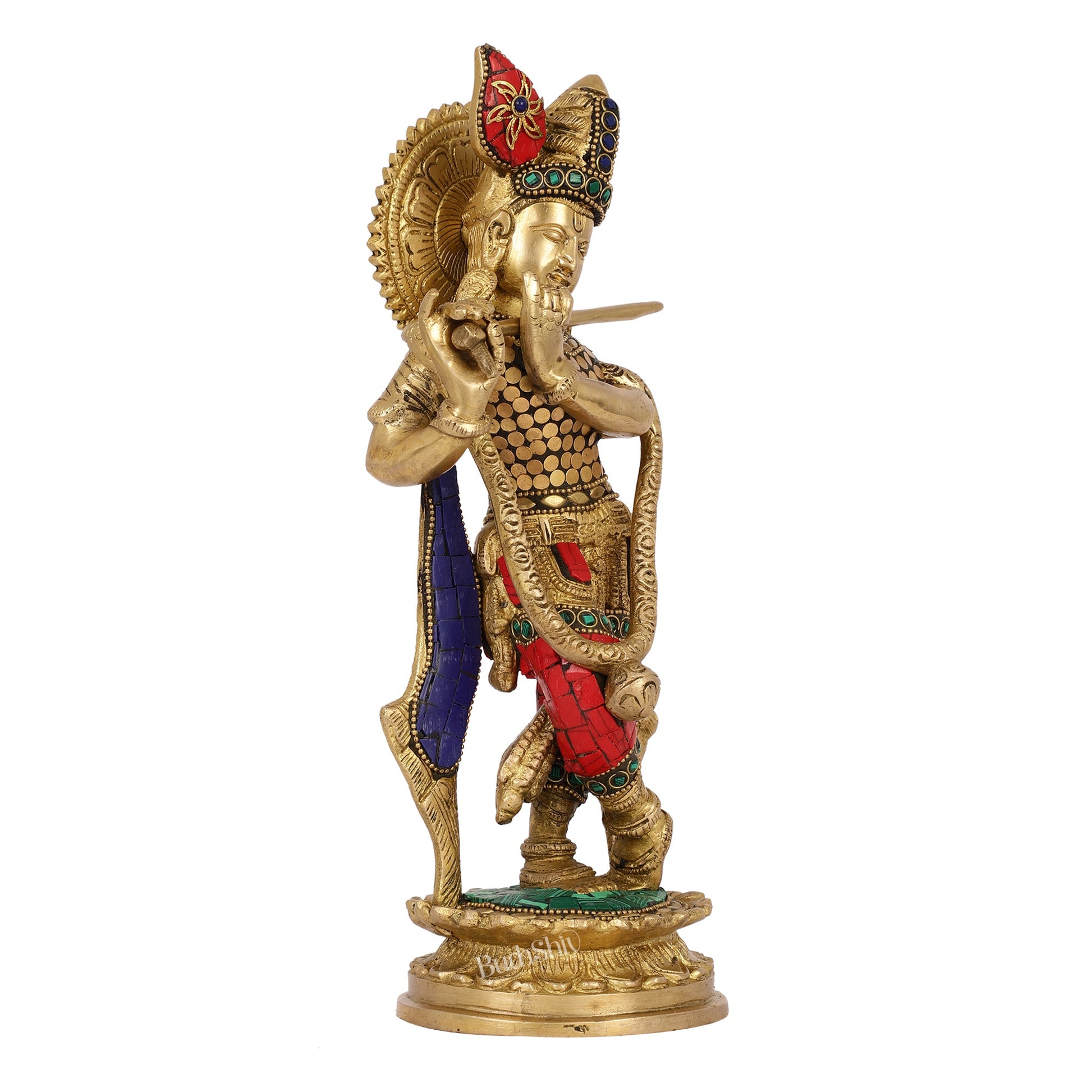 Brass Handcrafted Lord Krishna Idol with Stonework | Height 11 Inch - Budhshiv.com