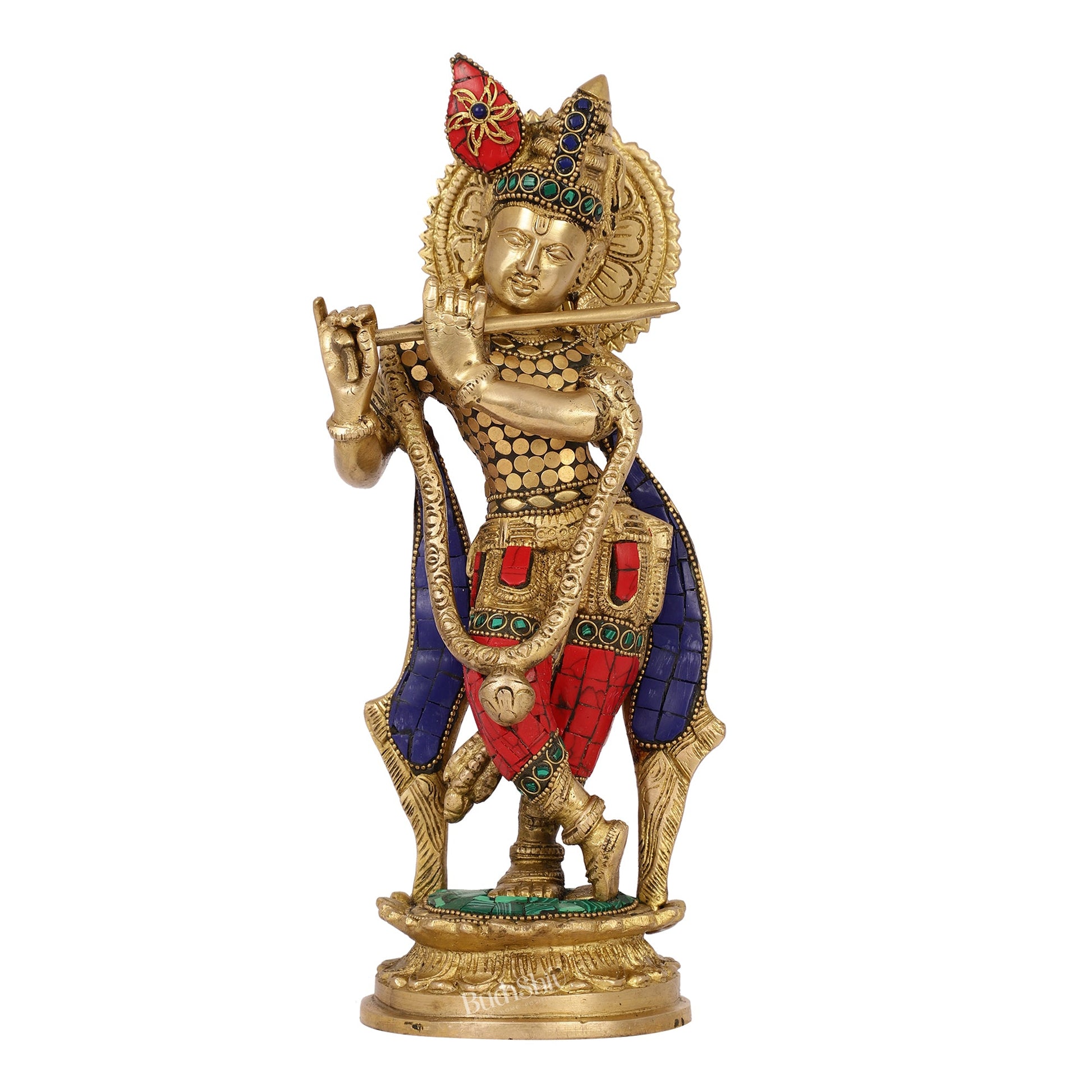 Brass Handcrafted Lord Krishna Idol with Stonework | Height 11 Inch - Budhshiv.com