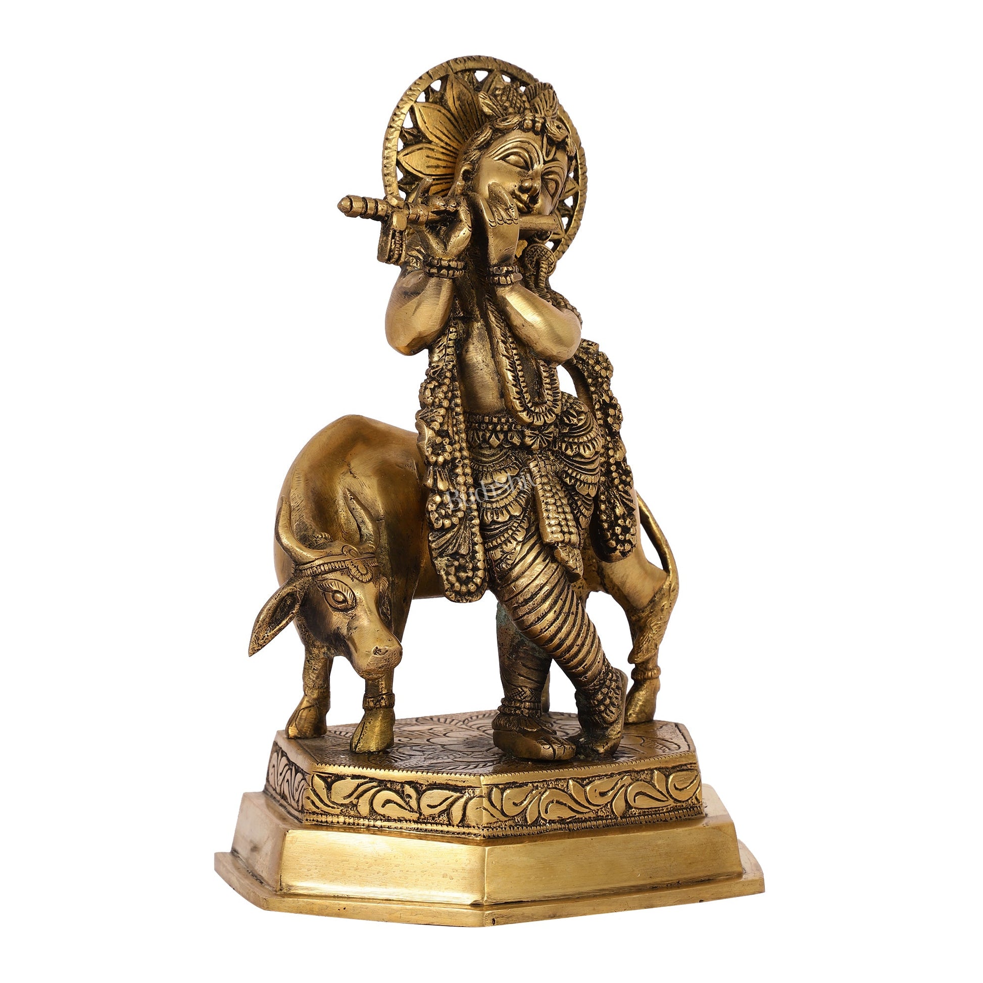 Brass Handcrafted Lord Krishna Playing Flute with Cow | 11.5" Height - Budhshiv.com