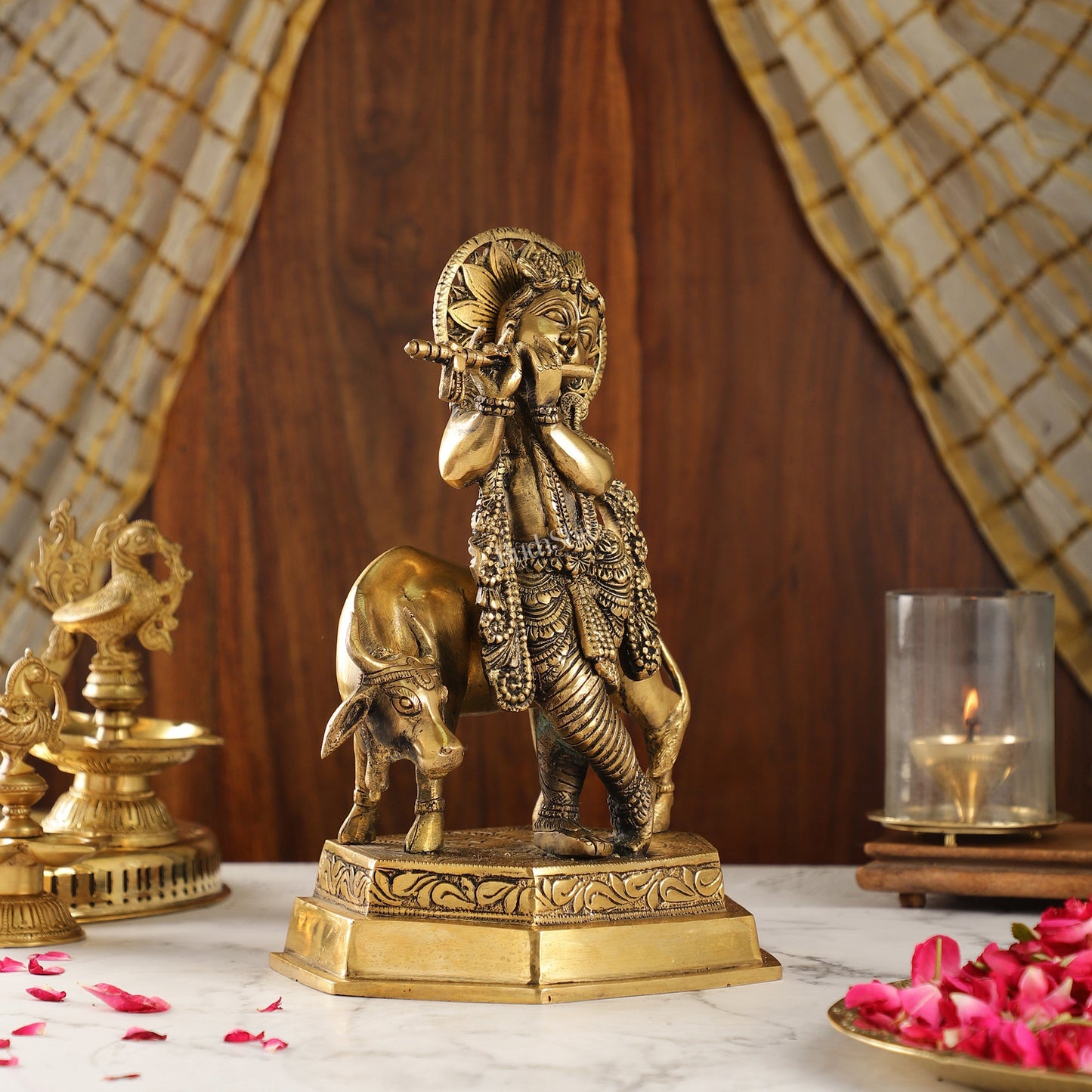 Brass Handcrafted Lord Krishna Playing Flute with Cow | 11.5" Height - Budhshiv.com