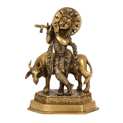 Brass Handcrafted Lord Krishna Playing Flute with Cow | 11.5" Height - Budhshiv.com