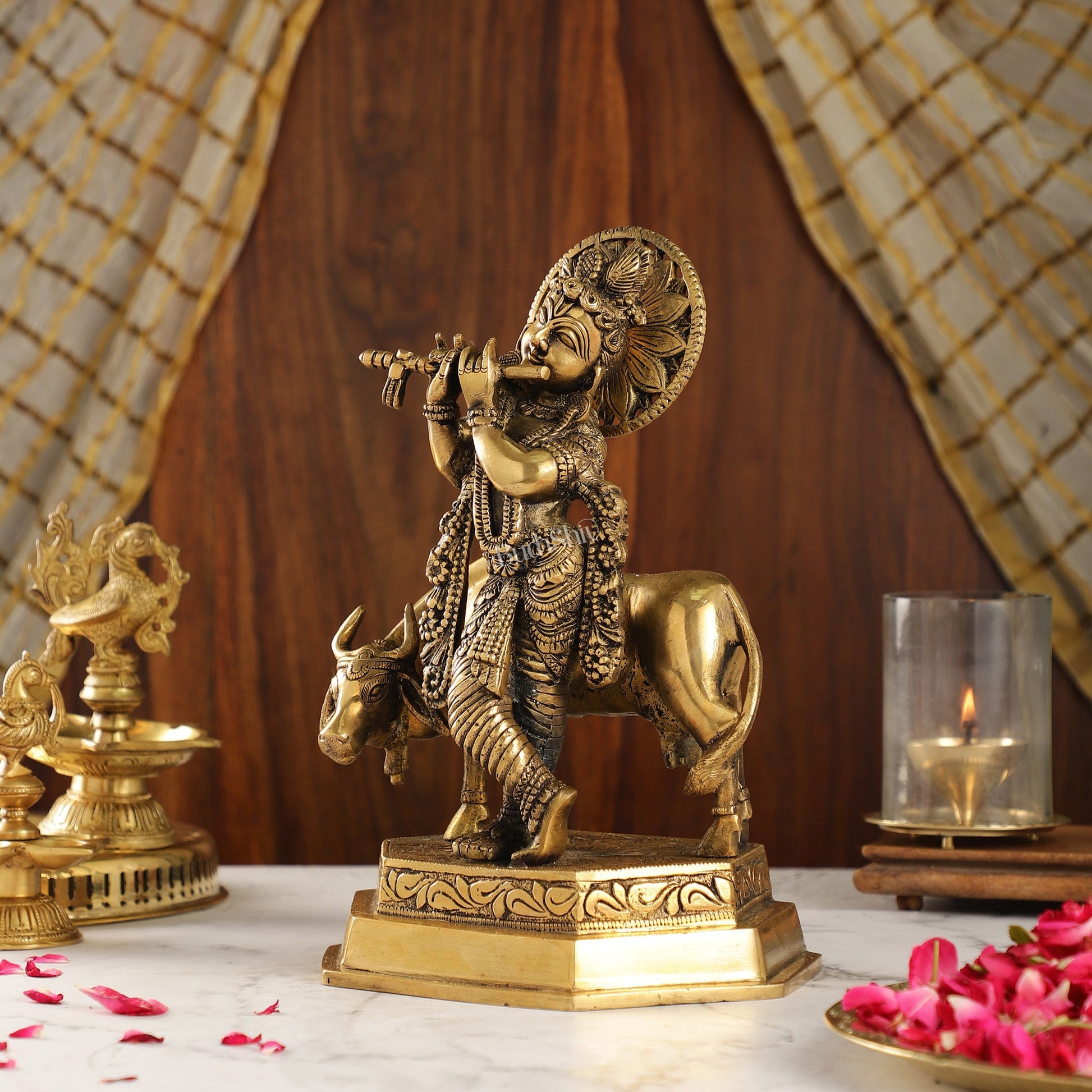 Brass Handcrafted Lord Krishna Playing Flute with Cow | 11.5" Height - Budhshiv.com