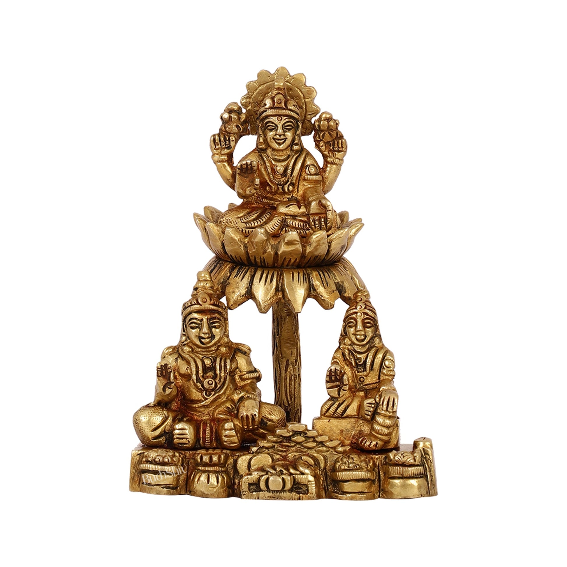 Brass Handcrafted Lord Kuber with Goddess Lakshmi and Chitralekha | Wealth and Prosperity Idol | 5" Height - Budhshiv.com