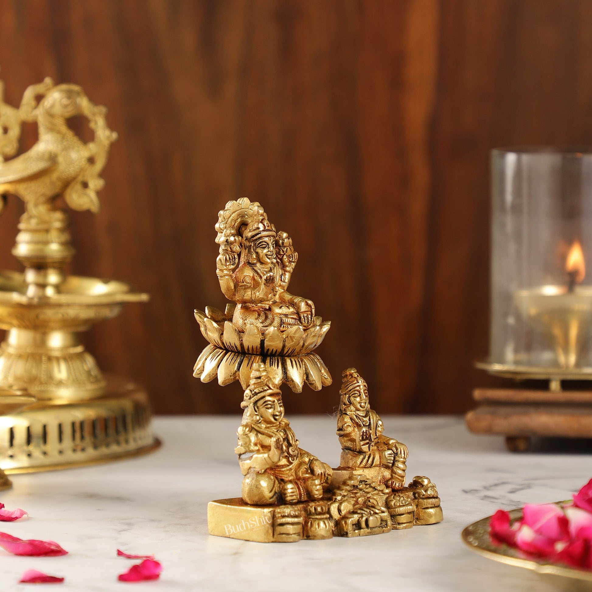 Brass Handcrafted Lord Kuber with Goddess Lakshmi and Chitralekha | Wealth and Prosperity Idol | 5" Height - Budhshiv.com