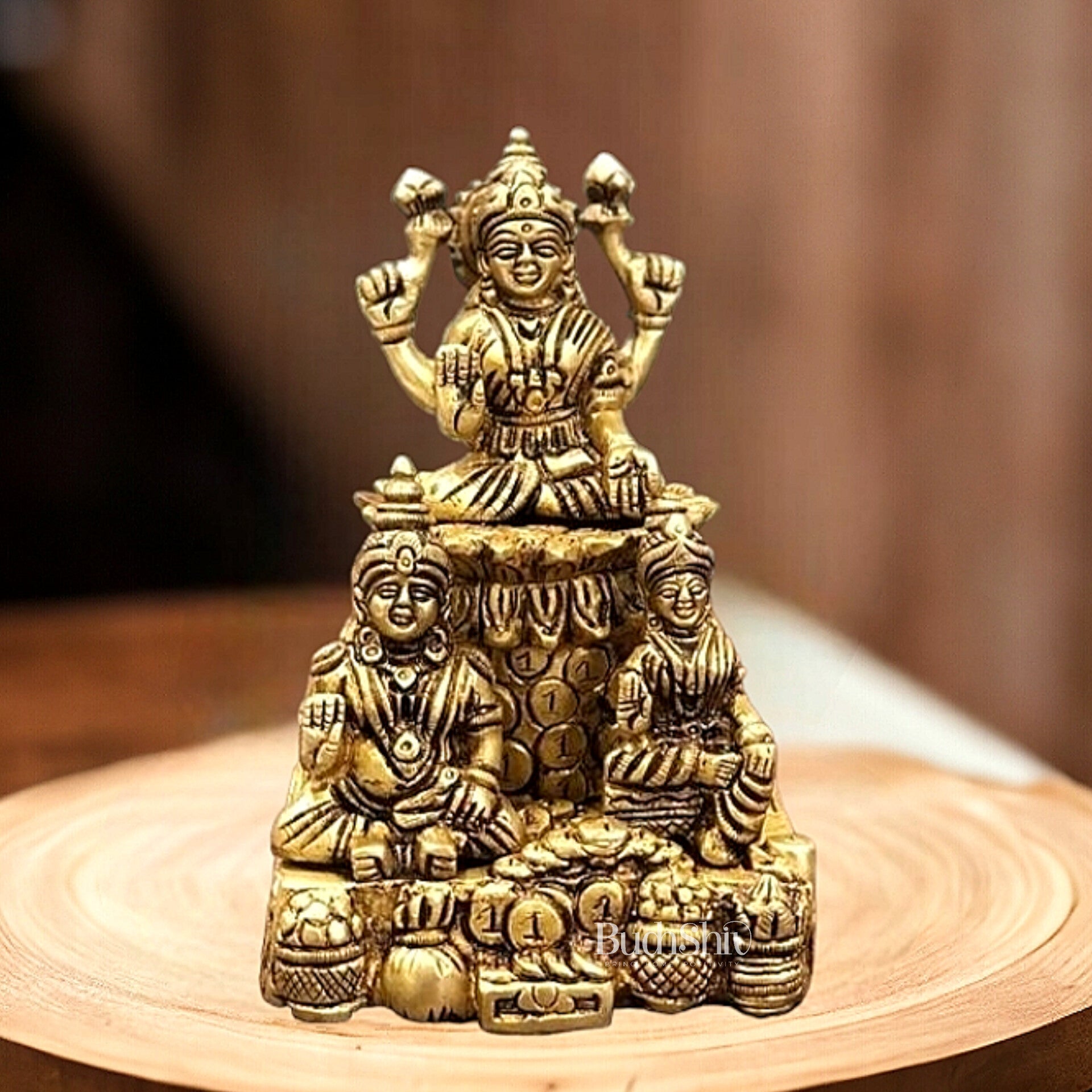 Brass Handcrafted Lord Kuber with Goddess Lakshmi and Chitralekha | Wealth and Prosperity Idol | 6" Height - Budhshiv.com