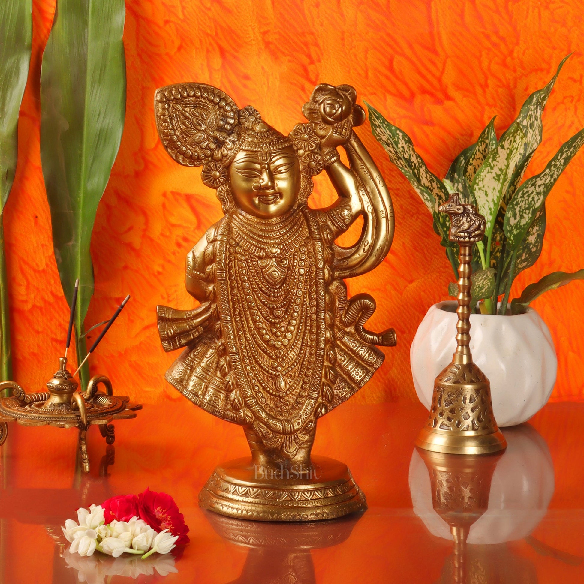 Brass Handcrafted Lord Shrinath Ji Statue | From Nathdwara | Height 13 Inches | Golden Finish - Budhshiv.com