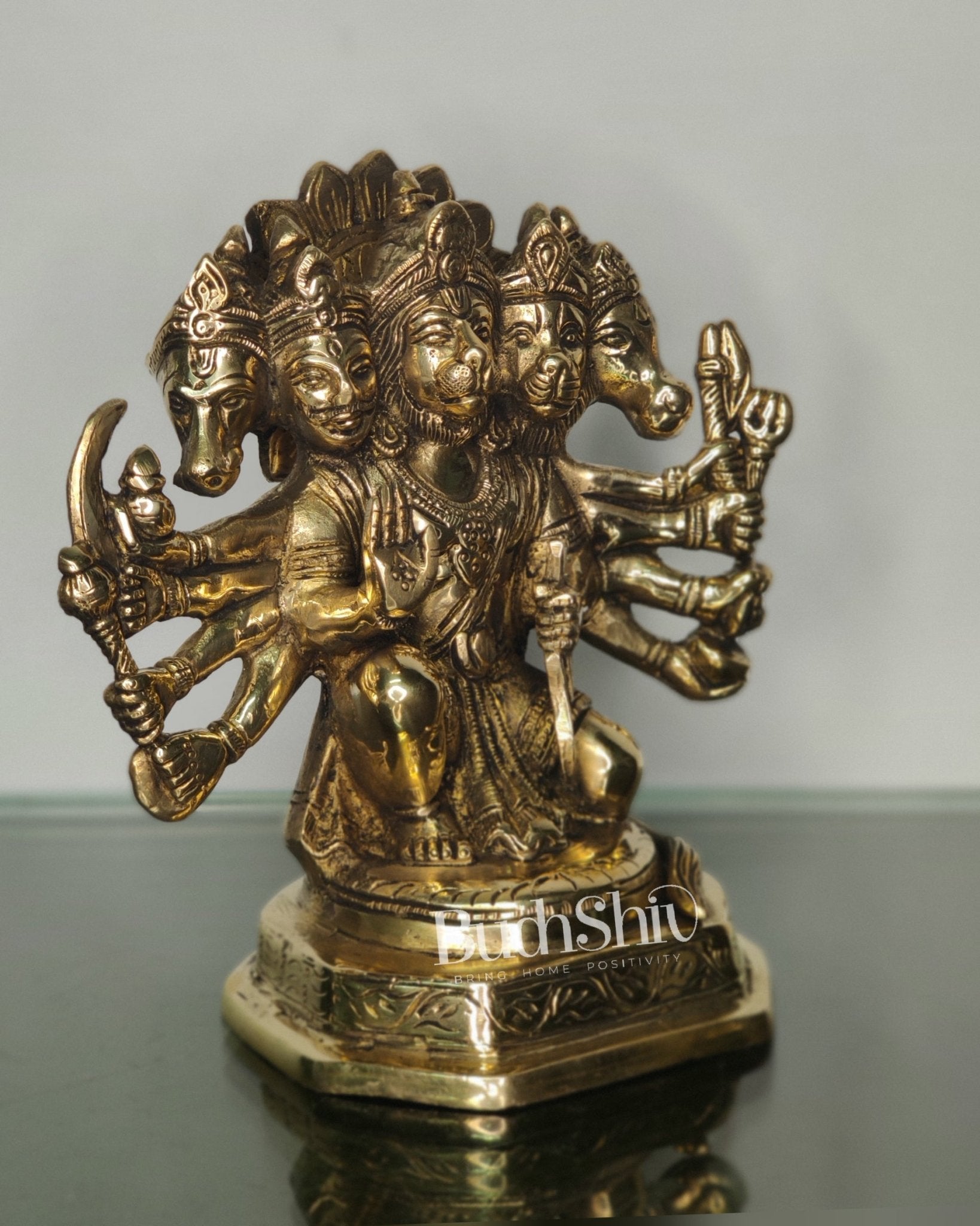 Brass Handcrafted Panchmukhi Hanuman Statue | 7" Height - Budhshiv.com