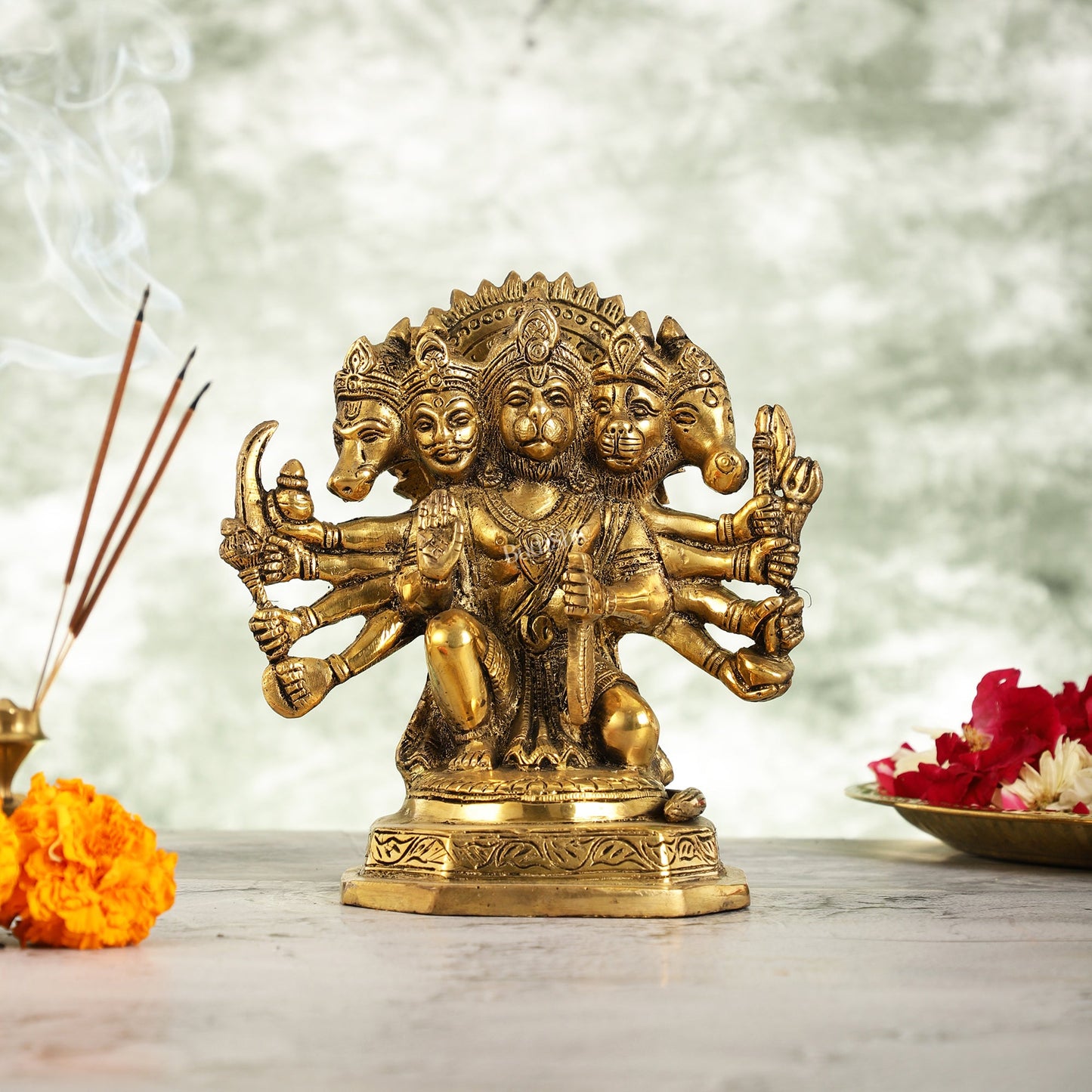 Brass Handcrafted Panchmukhi Hanuman Statue | 7" Height - Budhshiv.com