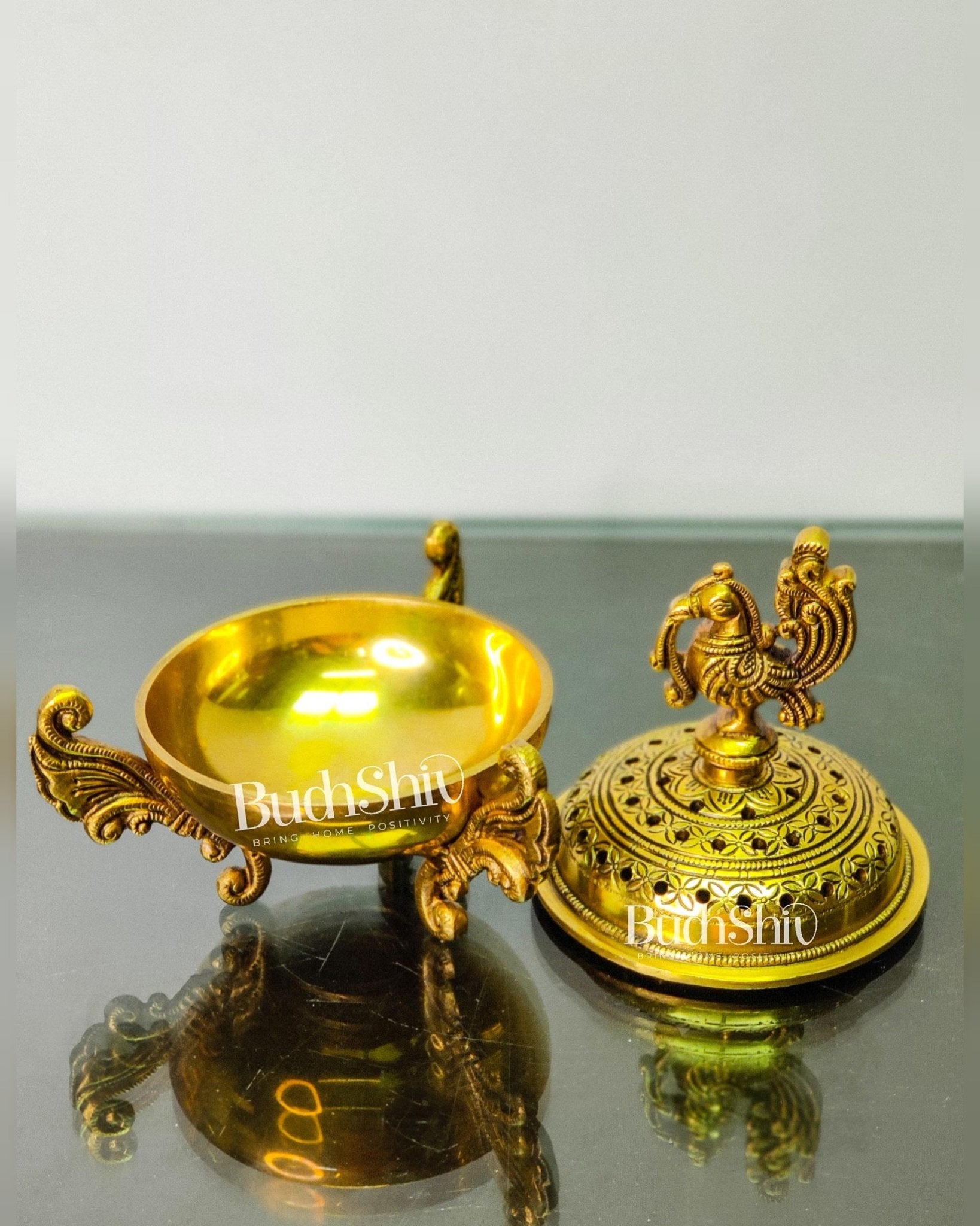 Brass Handcrafted Peacock Dhoop Dhani | Loban and Dhoop Burner 7 inch - Budhshiv.com