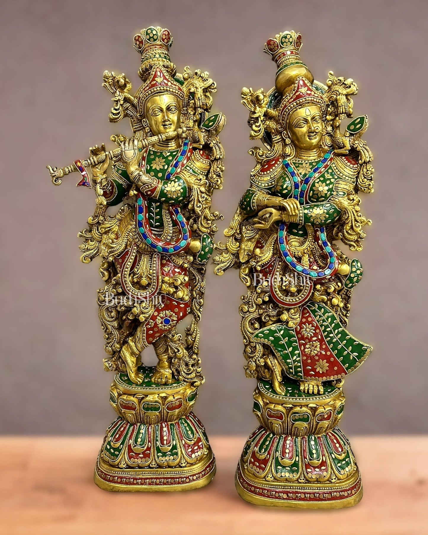 Brass Handcrafted Radha Krishna Idols with Meenakari 30 inch - Budhshiv.com