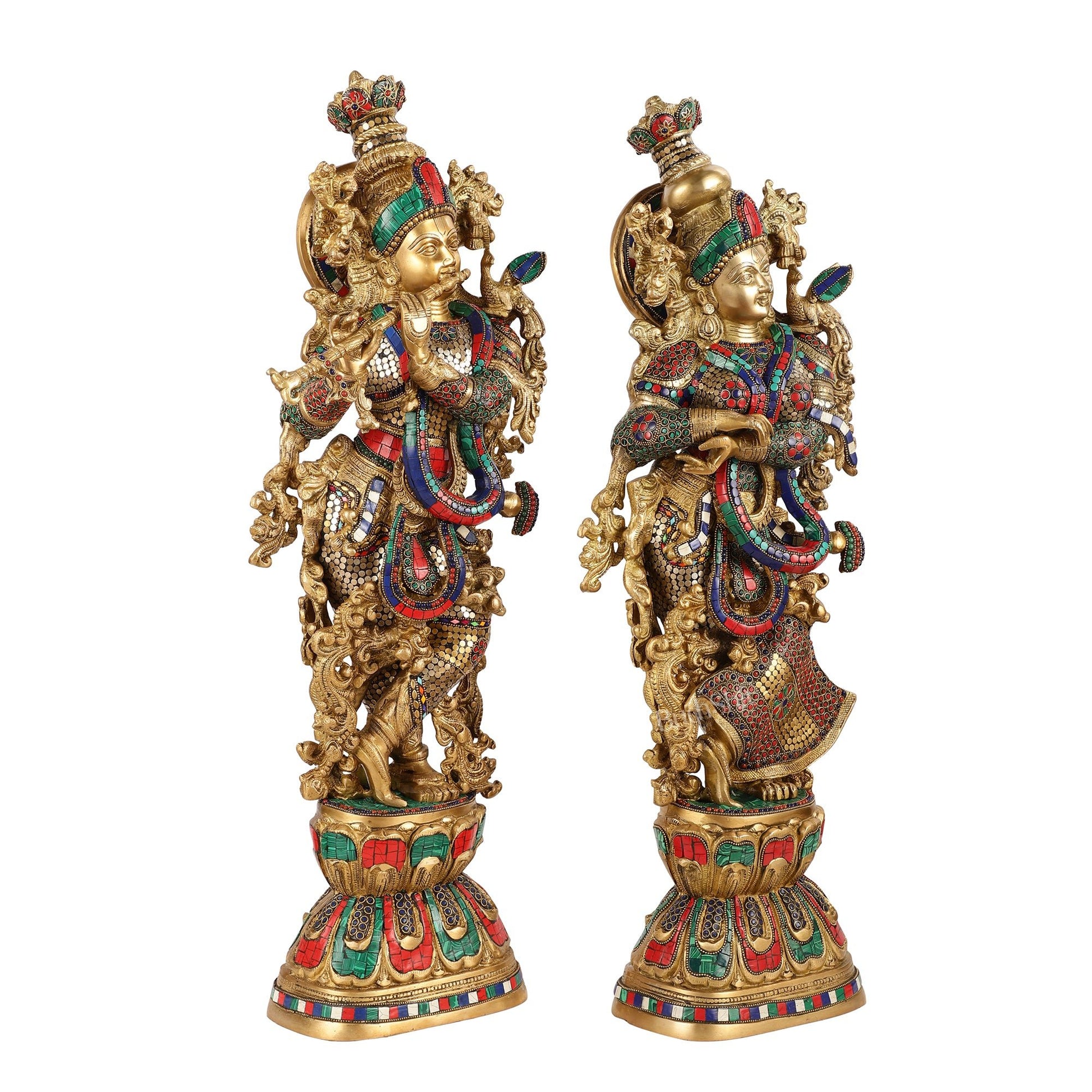 Brass Handcrafted Radha Krishna Idols with stonework 30 inch - Budhshiv.com