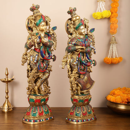 Brass Handcrafted Radha Krishna Idols with stonework 30 inch - Budhshiv.com