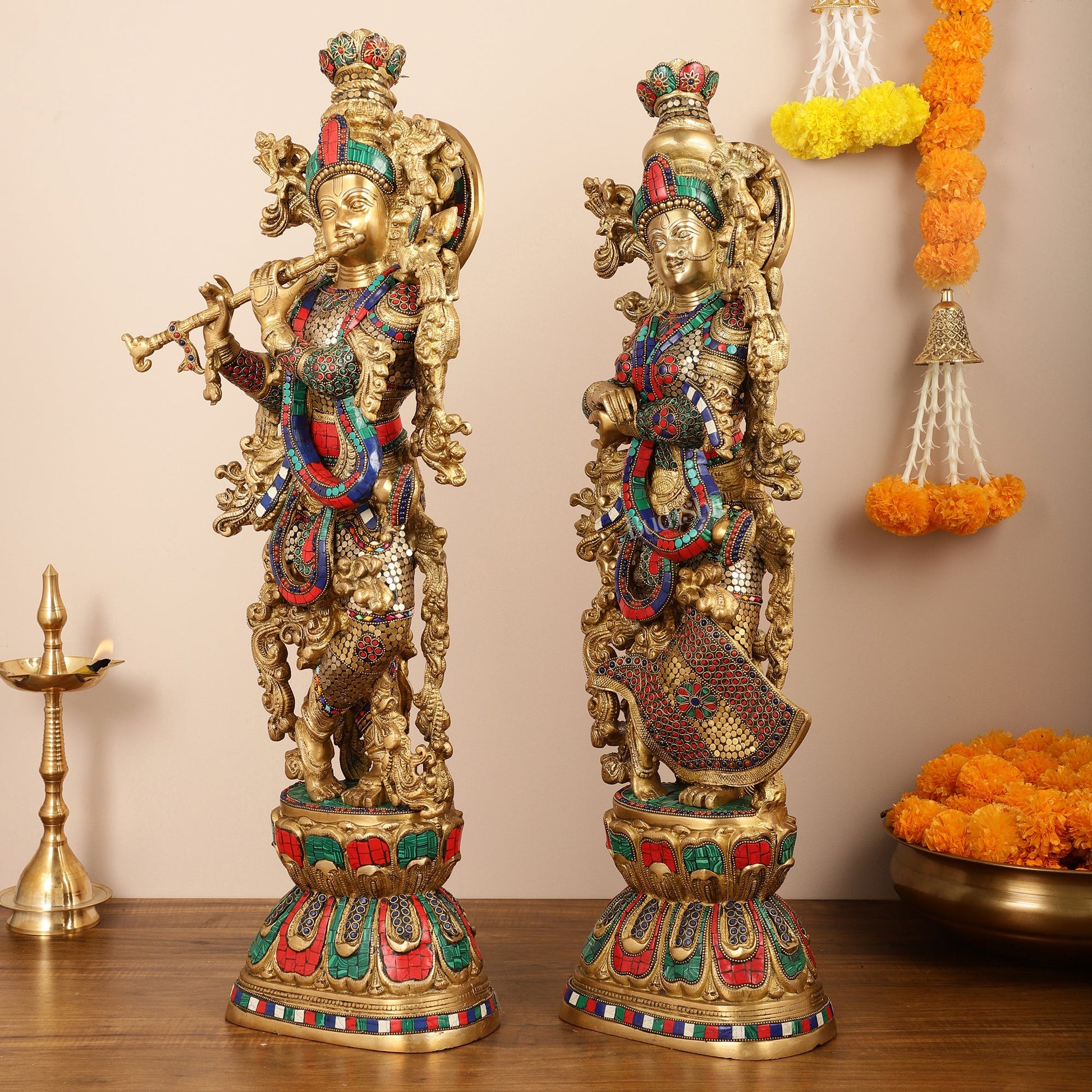 Brass Handcrafted Radha Krishna Idols with stonework 30 inch - Budhshiv.com