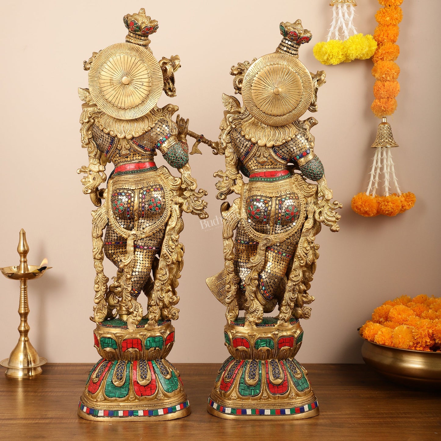 Brass Handcrafted Radha Krishna Idols with stonework 30 inch - Budhshiv.com