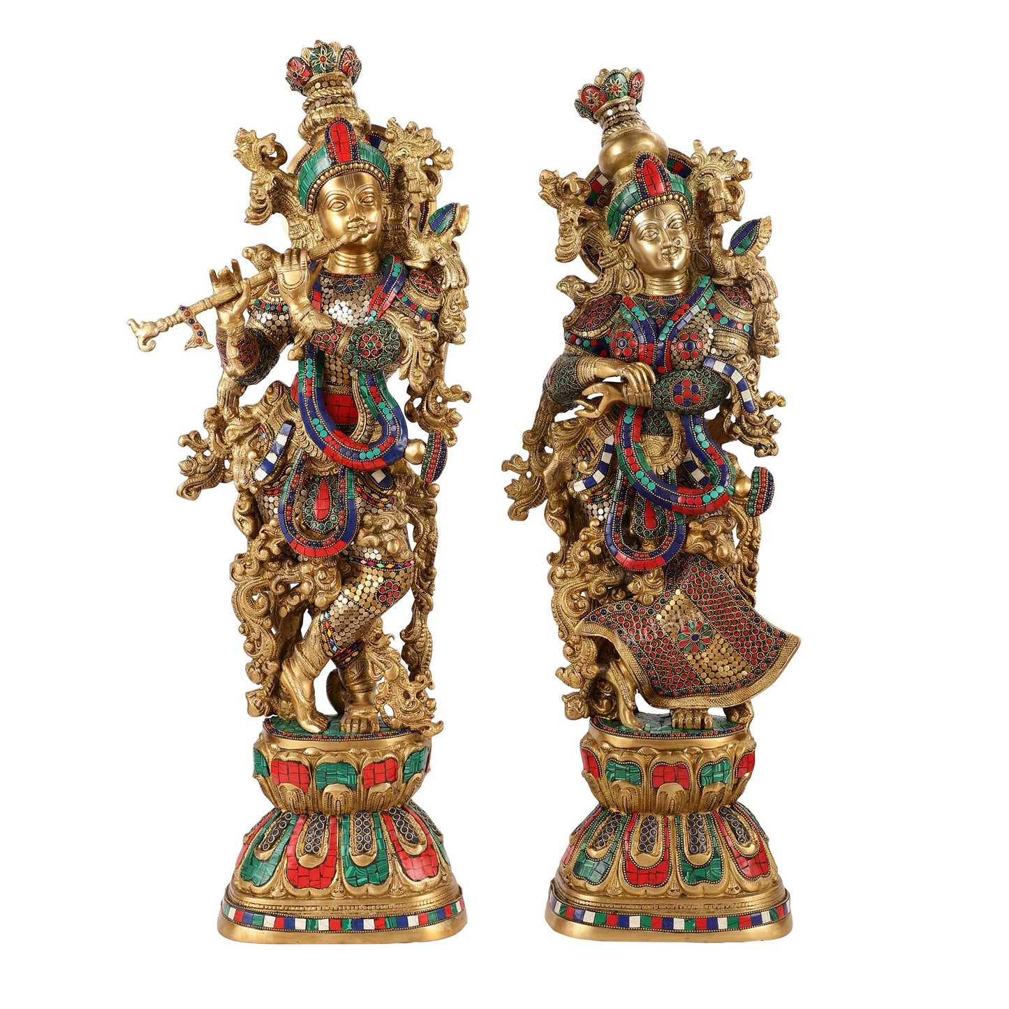 Brass Handcrafted Radha Krishna Idols with stonework 30 inch - Budhshiv.com